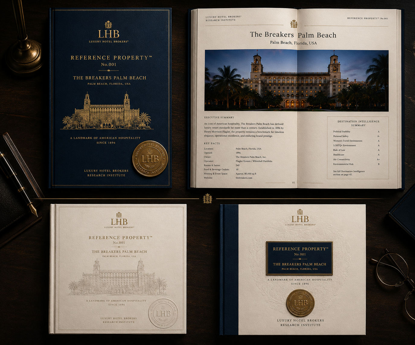 Reference Property™ No. 001, The Breakers Palm Beach — navy cloth bound volume with gilt engraving, opened editorial spread, ivory presentation covers and embossed institutional seal